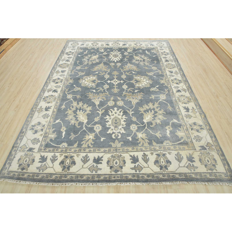 Tapis bleu en laine noué à la main de conception unique 8 pi 3 po x 9 pi 10 po Gabrialla