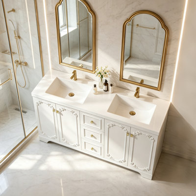 60" Freestanding Double Bathroom Vanity with Integrated Resin Sink, French Vintage Carved Storage Cabinet with 4 Soft-Close Doors and 3 Drawers