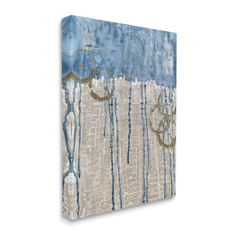 Abstrait bleu dégoulinant sur une grille de style osier - Peinture, Toile tendue, H 40 po x l 30 po x P 1,5 po