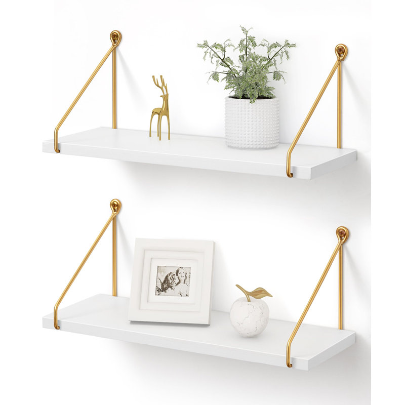 Tablettes flottantes pour le mur, étagères murales métalliques dorées et blanches, étagères pour la cuisine de la chambre à coucher, bibliothèque chic en bois massif et métal, ensemble de 2