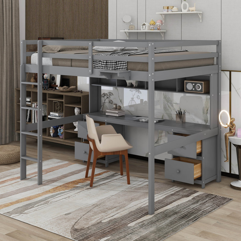 Full Size Loft Bed With Desk, Cabinets, Drawers And Charging Station, Gray