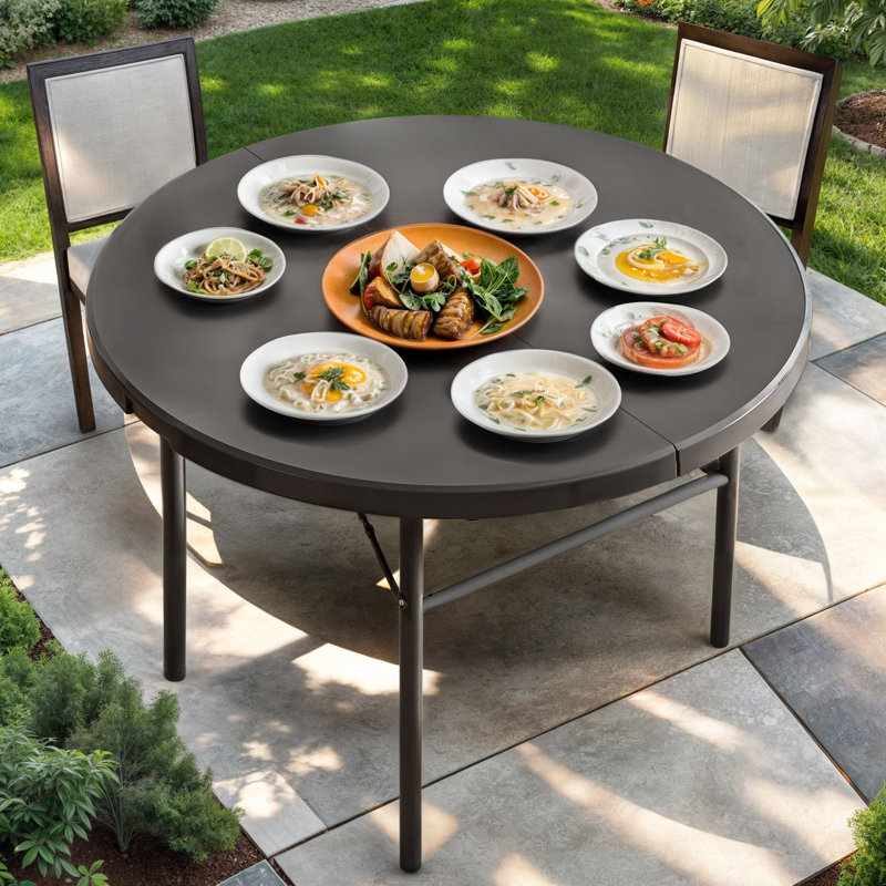 Fathmah Circle 48" Round Foldable and Portable Table with Handle, Black, Black