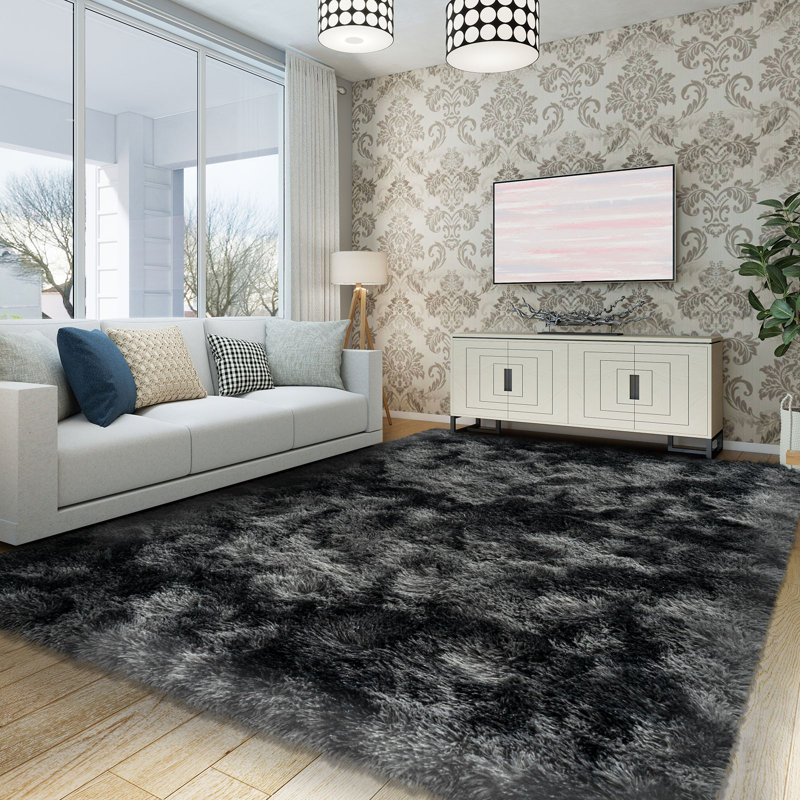 6x9 ft Tie-dyed Black Grey Shag Rugs for Living Room, Soft Non-Slip Fluffy Shagg Plush Bedroom Carpet, Large Area Rug for Nursery Kids Dorm Home Decor
