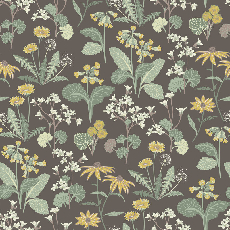Ingrid Floral Wallpaper Roll, Charcoal/Sage/Yellow