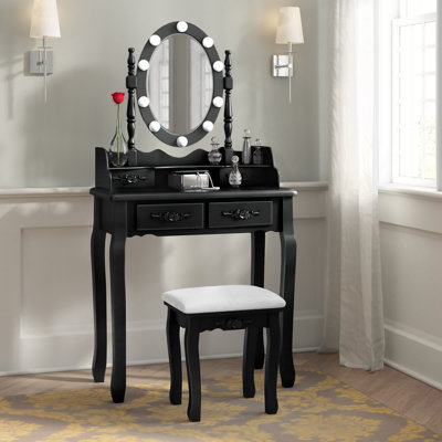 Ensemble coiffeuse en bois massif avec tabouret et miroir