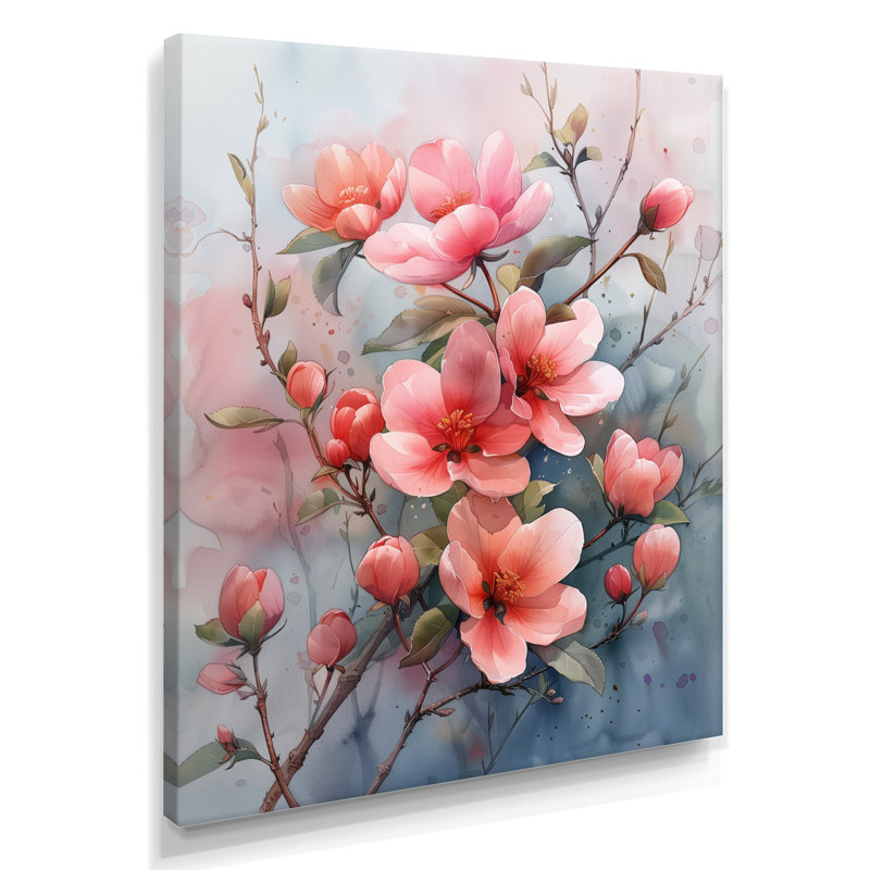  «Pink Grey Tender Bloom Apple Blossom I - Art mural fleur de pommier, Toile tendue, H 30 po x l 40 po