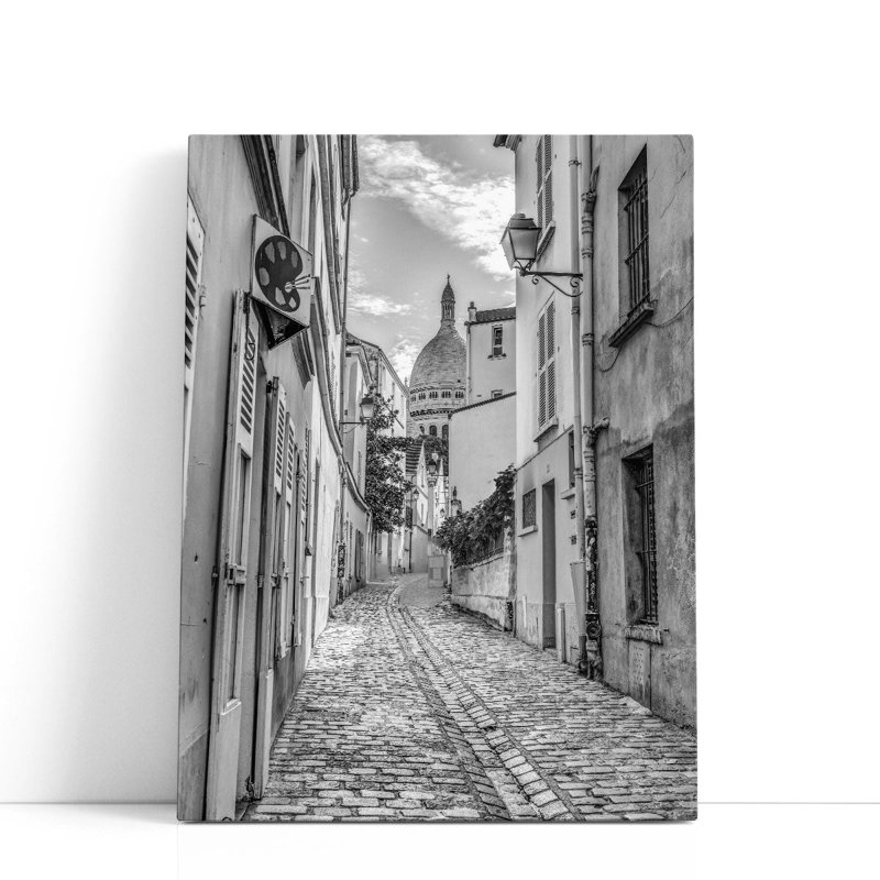 Rue pavée, Montmartre, Paris, noir et blanc - reproduction d'art sur toile, H 16 po x l 12 po
