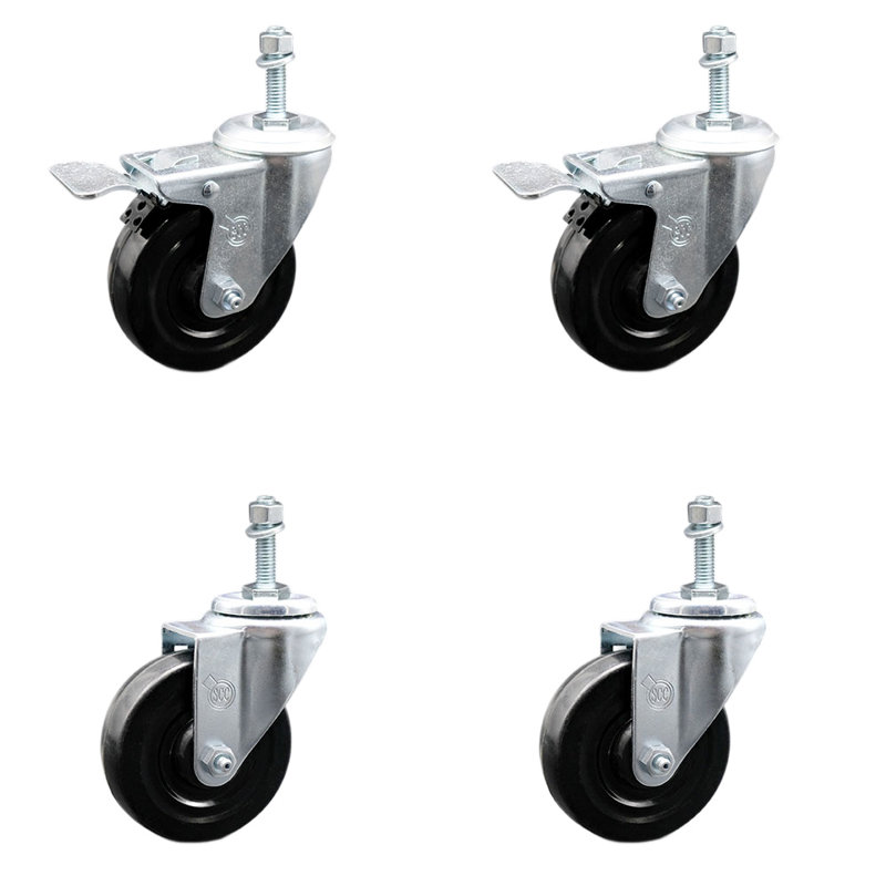 Ensemble de roulettes à tige filetée pivotante en caoutchouc dur de 4 po, 3/8 po et 2 freins à verrouillage total