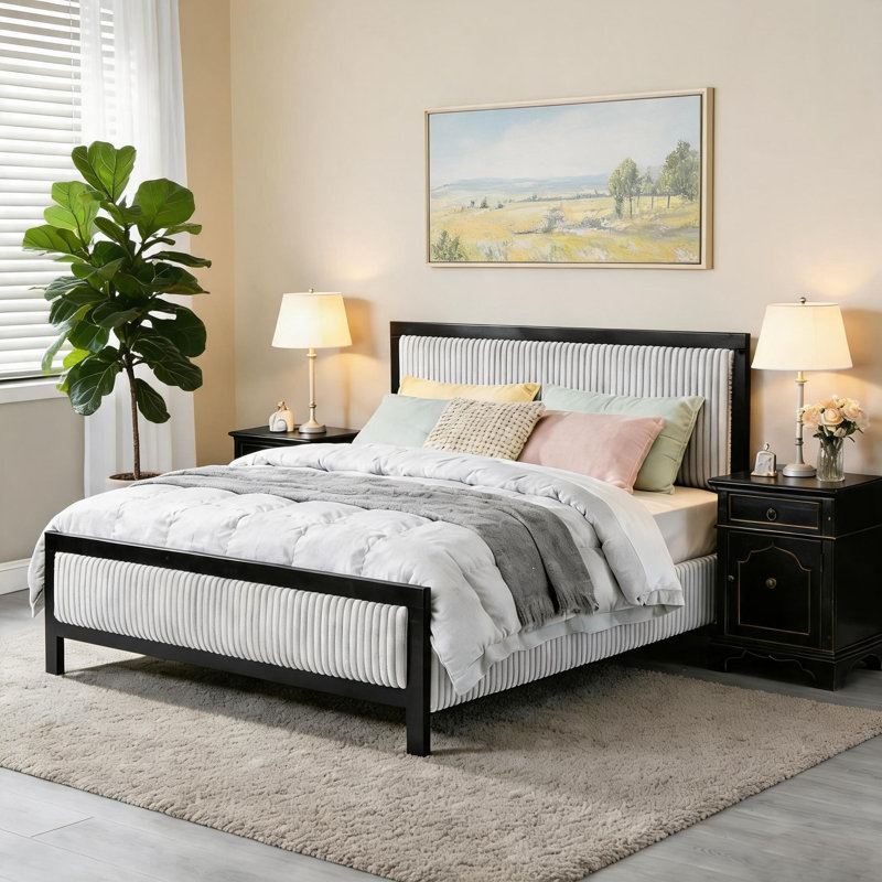 Lit plateforme tapissier grand pour chambre à coucher, structure en bois massif avec tête de lit moelleuse, finition gris ardoise noir