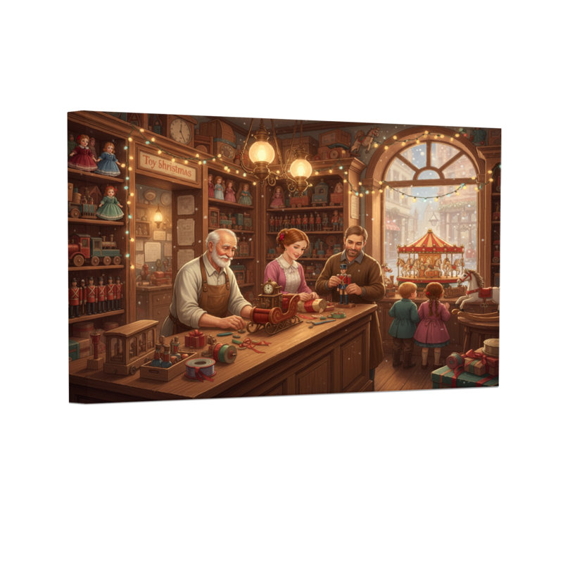 Boutique de jouets de Noël rétro avec famille et carrousel, H 12 po x l 18 po