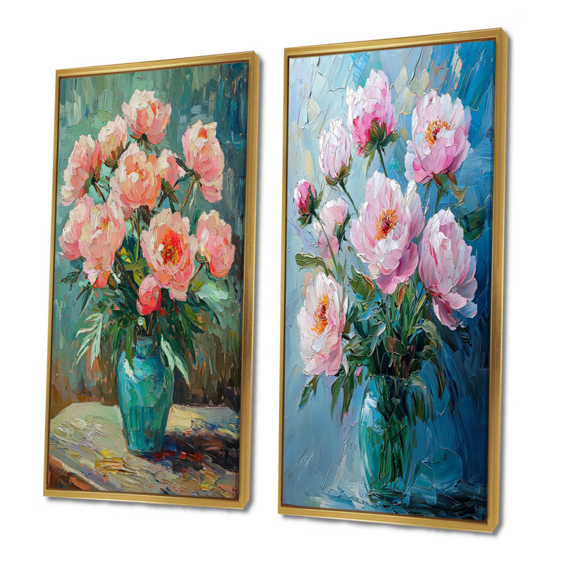 Pivoines, harmonie des pétales dans un vase I - Collection d'art mural floral 2 panneaux, H 28 po x l 25 po