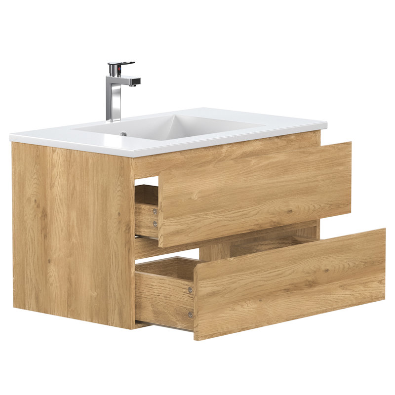 Armoire de salle de bain murale 30 po avec lavabo flottant moderne avec 2 tiroirs à fermeture en douceur, Nature, 30"