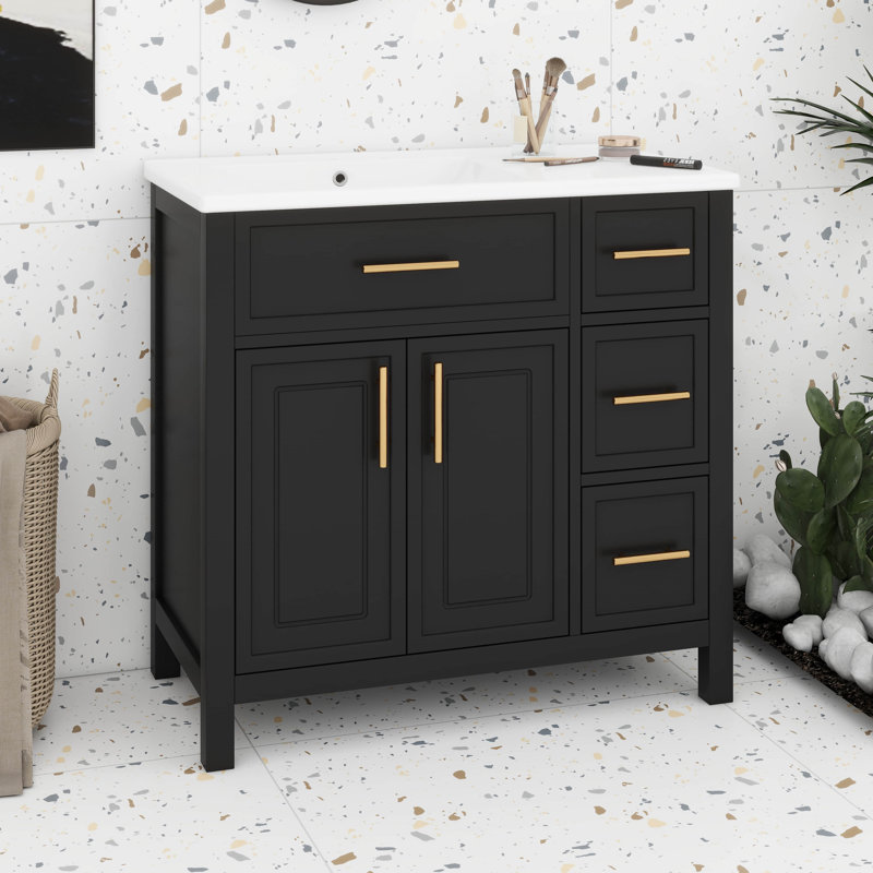 Ensemble de meuble-lavabo simple 36 po avec 3 tiroirs et portes, meuble-lavabo simple 36 po, Noir