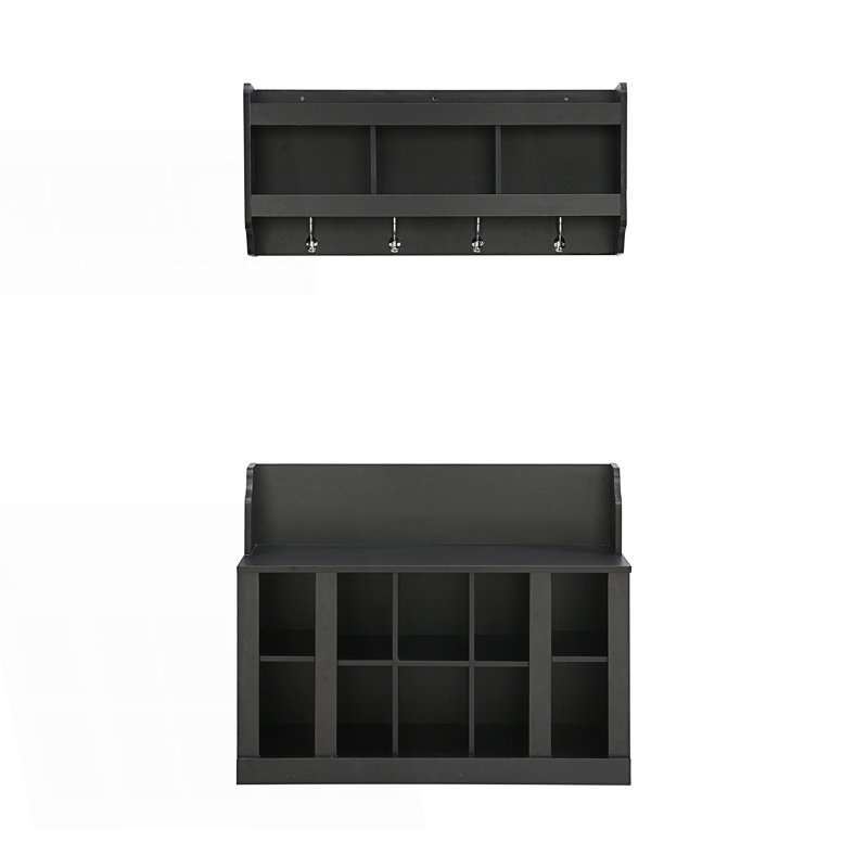 Banc de rangement pour chaussures avec tablettes et 4 crochets, portemanteau élégant avec portemanteau mural