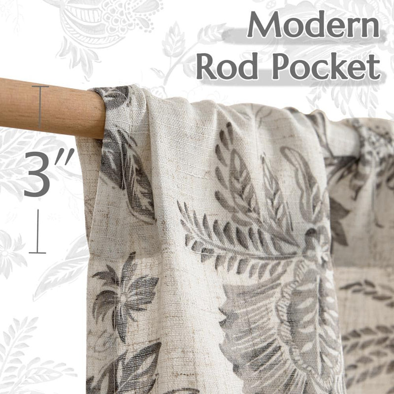 Linen Floral Kitchen Curtains Rod Pocket Tier Curtains, 26" W x 36" L, Gray