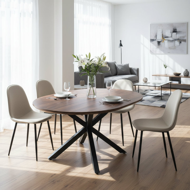 5-Piece Extendable Dining Table Set For 4–6, Round-To-Oval MDF Wood Top With Metal Legs And Upholstered Beige Chairs, Modern Kitchen & Dining Room Furniture