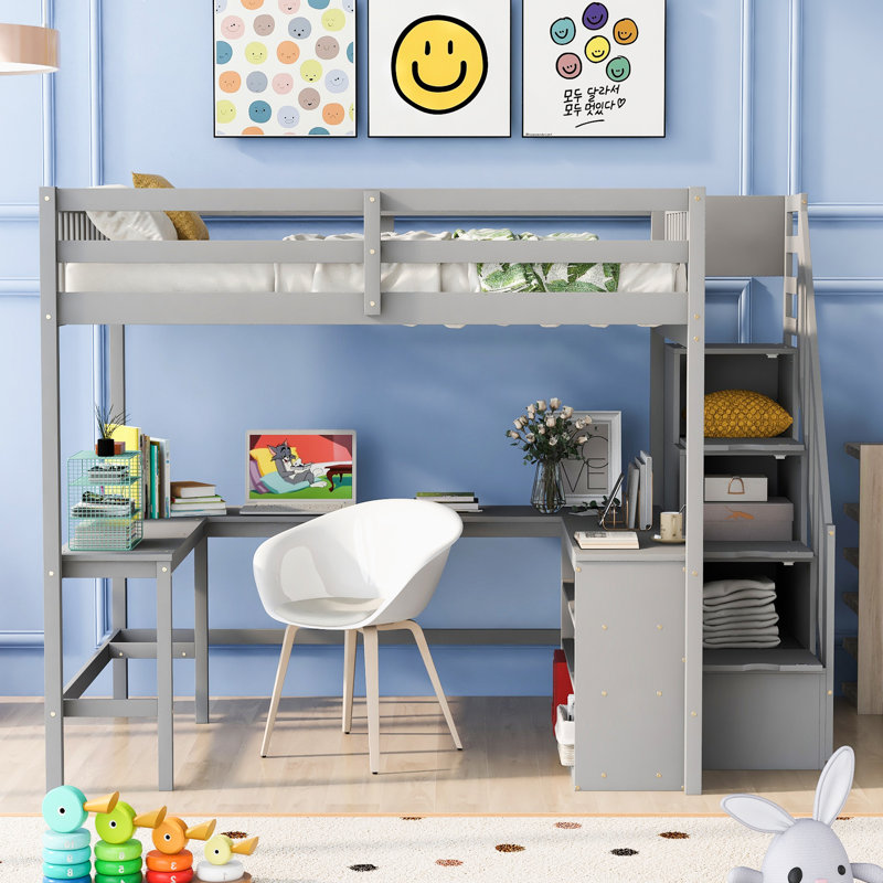 Ennie Full Loft Bed with Built-in Desk and Bookcase, Gray