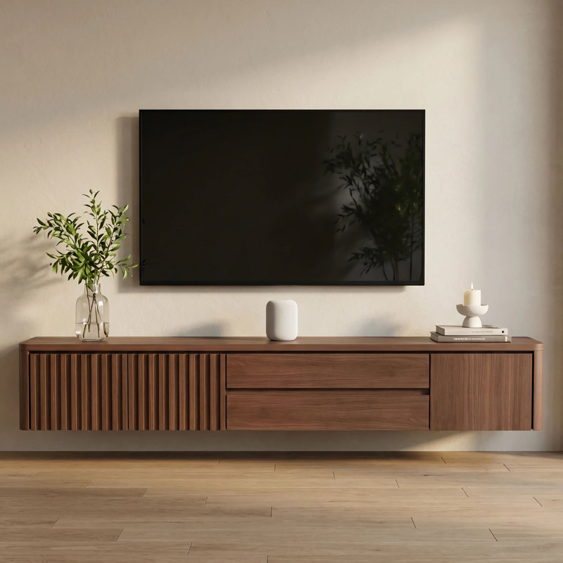 Floating Tv Unit Wall Mounted With Door Tv Cabinet Stand Completely Assembled Living Room Tv Media Console (Walnut, 180cm)