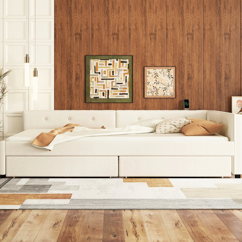 Beige Full Size Upholstered Platform Bed - Ports, 2 Drawers, , No Box Spring, Bedroom Allure Enhancement With & Drawers Wood, Linen Upholstery, Grandeur