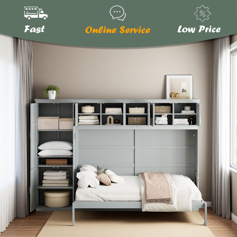Grand lit escamotable mural avec armoires, Gris
