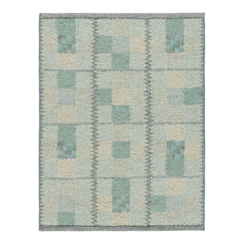 Rug & Kilim’S Scandinavian Rug In Seafoam Green And Teal Blue Geometric Patterns, Rectangle 12' x 15'
