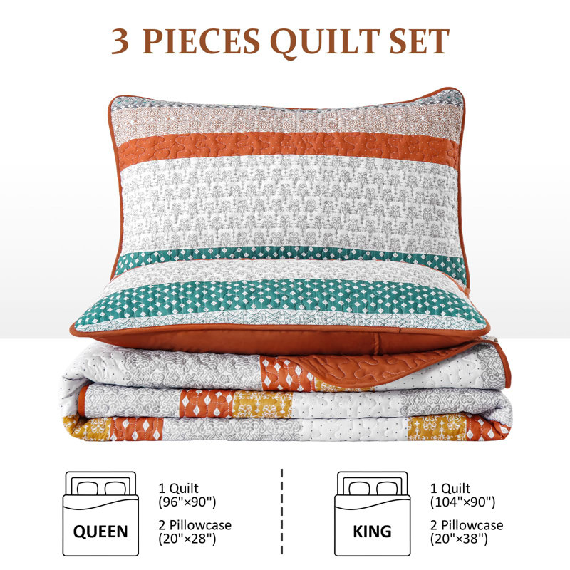 3-Piece Bohemian Stripe Quilt Set Lightweight Microfiber All Season, King Quilt + 2 King Pillowcases, Orange/Green