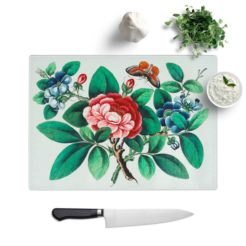 Glass Flowers & Butterfly Chopping Board, 39 cm W x 28.5 cm L