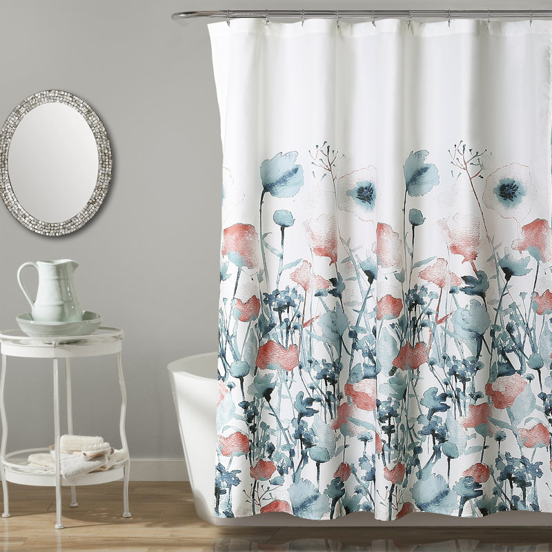 Boho-Chic Blue and Coral Floral Fabric Shower Curtain, 72x72