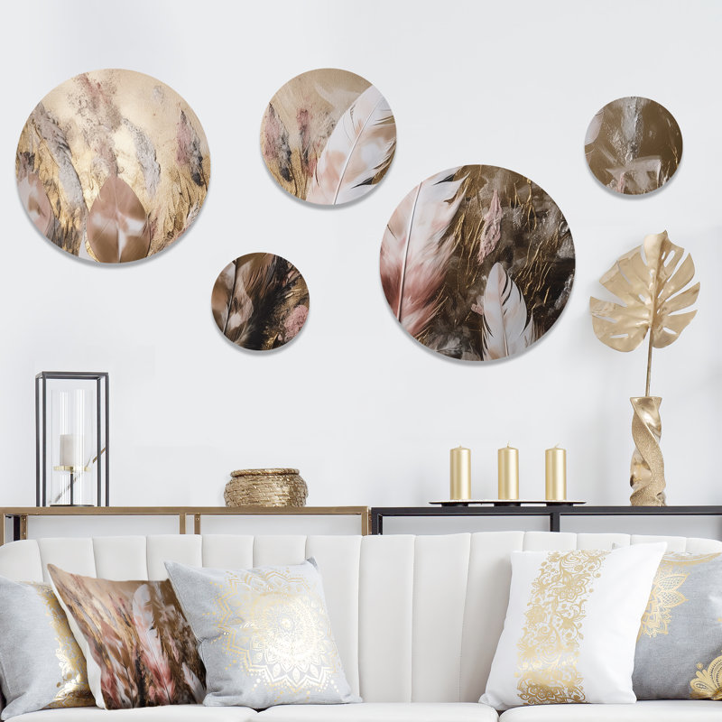 Ensemble de 5 décorations murales plumes glamour dorées Boho Fantasy III