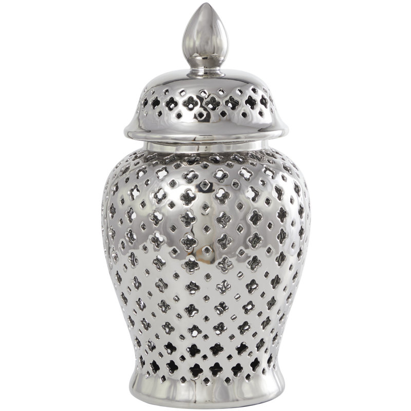 Estarlin Ceramic Decorative Jars with Geometric Cutout Design and Lid, Silver