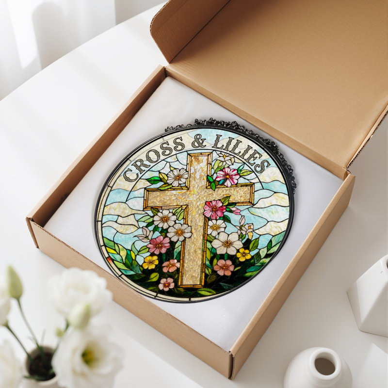 7.8"H Cross Lilies Stained Glass Window Panel, 7.8" H x 7.8" W