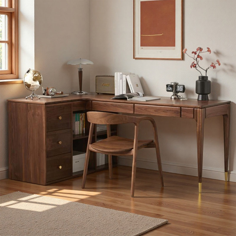 Bureau d'écriture moderne en forme de L en noyer, H 29,52 po x l 78,74 po x P 47,24 po