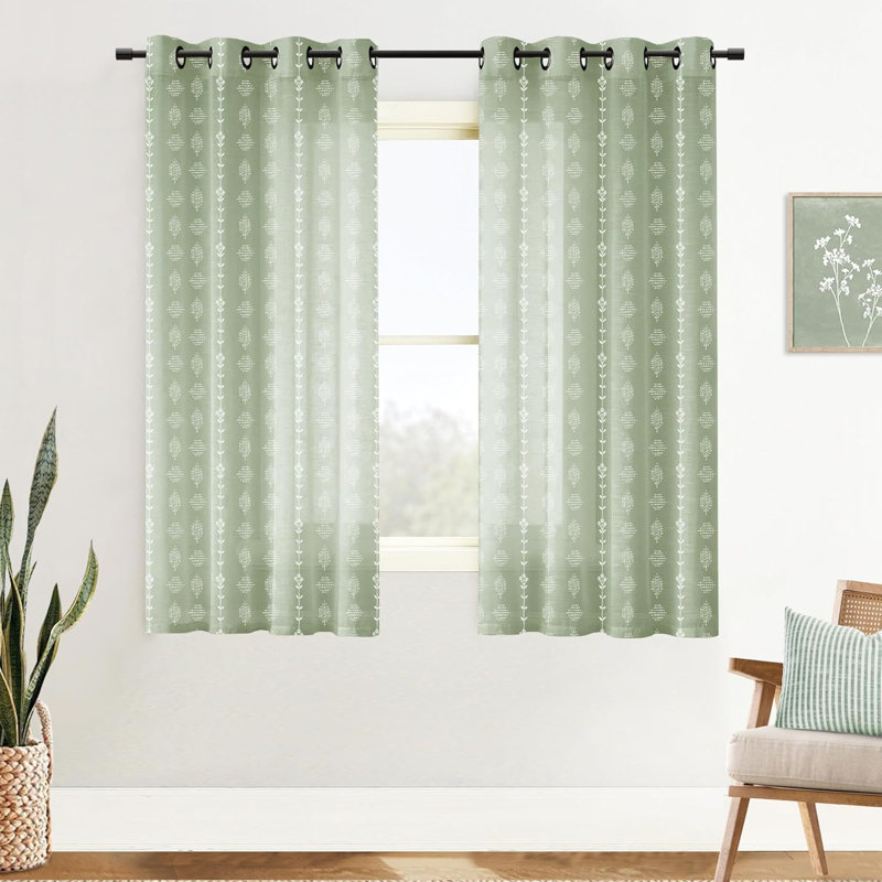 Neutral Curtains For Living Room,Floral Pattern Linen Sheer Country Boho Block Print Farm House Curtains 2 Panels Set, Green