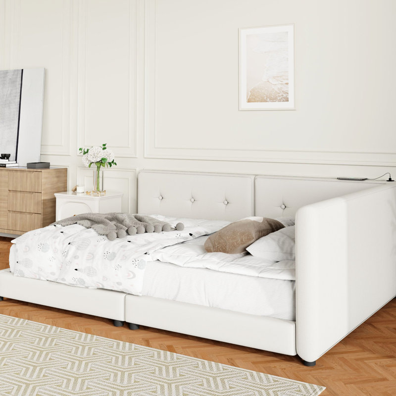 Grand lit plateforme tapissier avec structure stable et beige, Beige, Grand lit