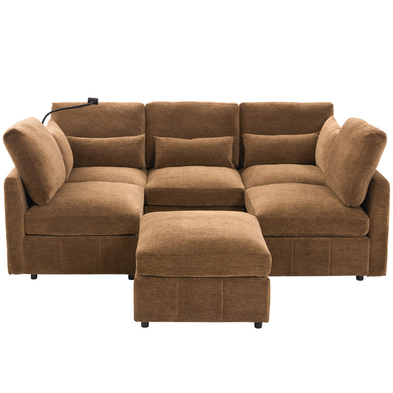 Modern Sectional Sofa Modular Sofa 85.4" U-Shaped Sofa Couch Sofa Bed L-Shaped Sofa With A Movable Ottoman And Two USB Ports And A Phone Holder For Living Room, Brown