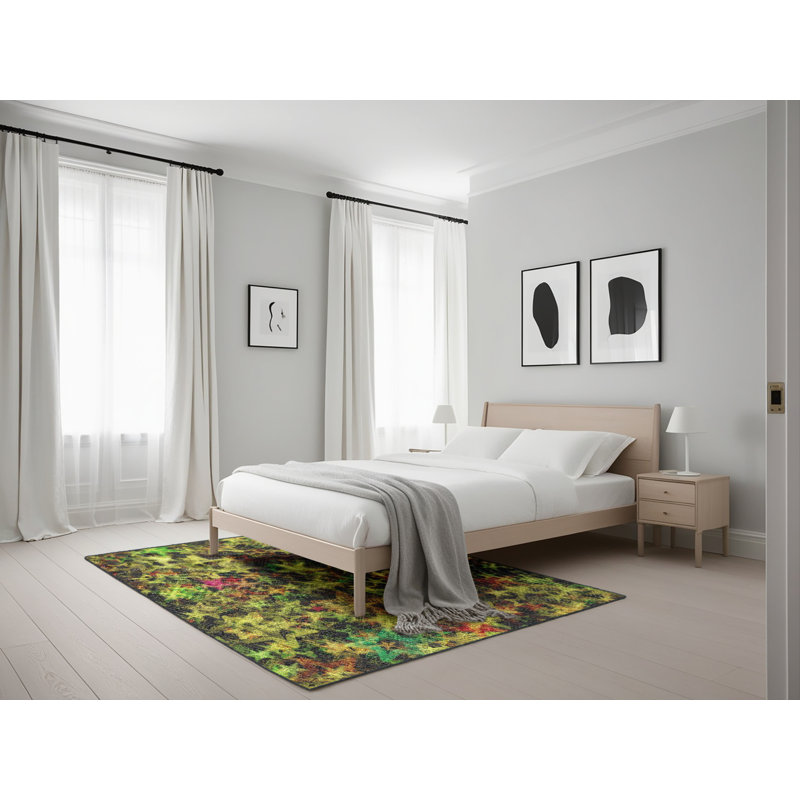 Tapis vert/rose à motifs, Rectangle 5 pi x 7 pi
