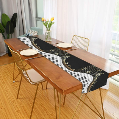 Table Runner - Black/White - Piano Keyboard Music Note Art, Durable Luxury, Dresser Scarf/Tabletop Cloth, Wedding/Dining Table/Holiday Party/Kitchen/Home Decoration