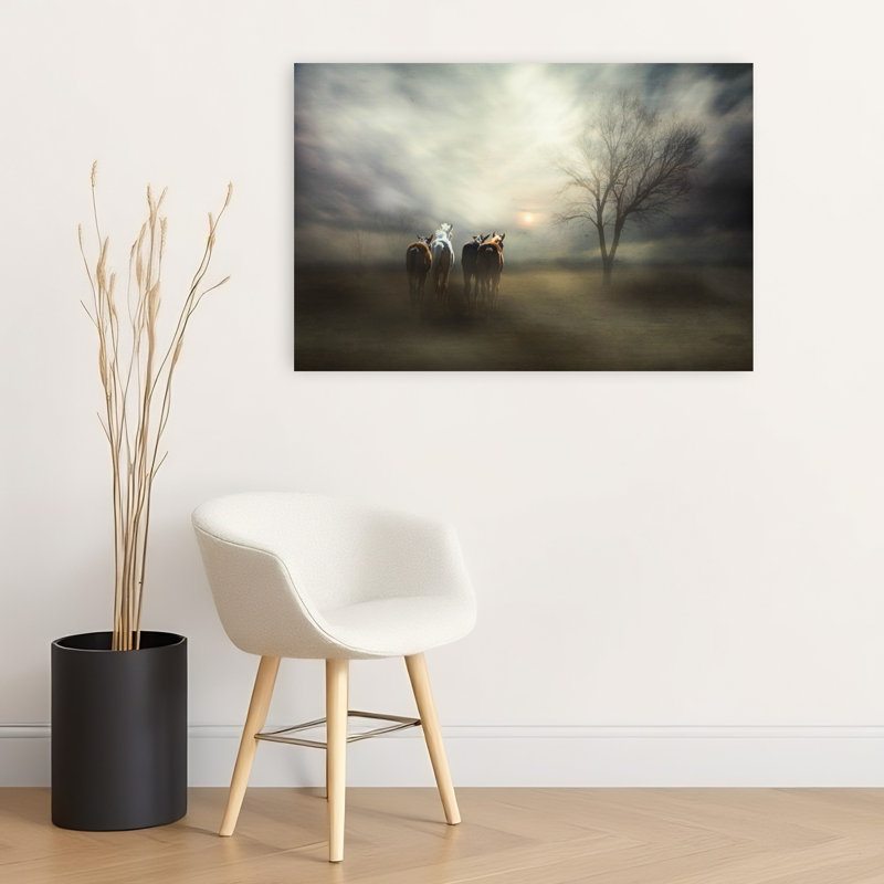 Chevaux sauvages au coucher du soleil - Paysage éthéré et paisible - Affiche murale nature, H 24 po x l 36 po