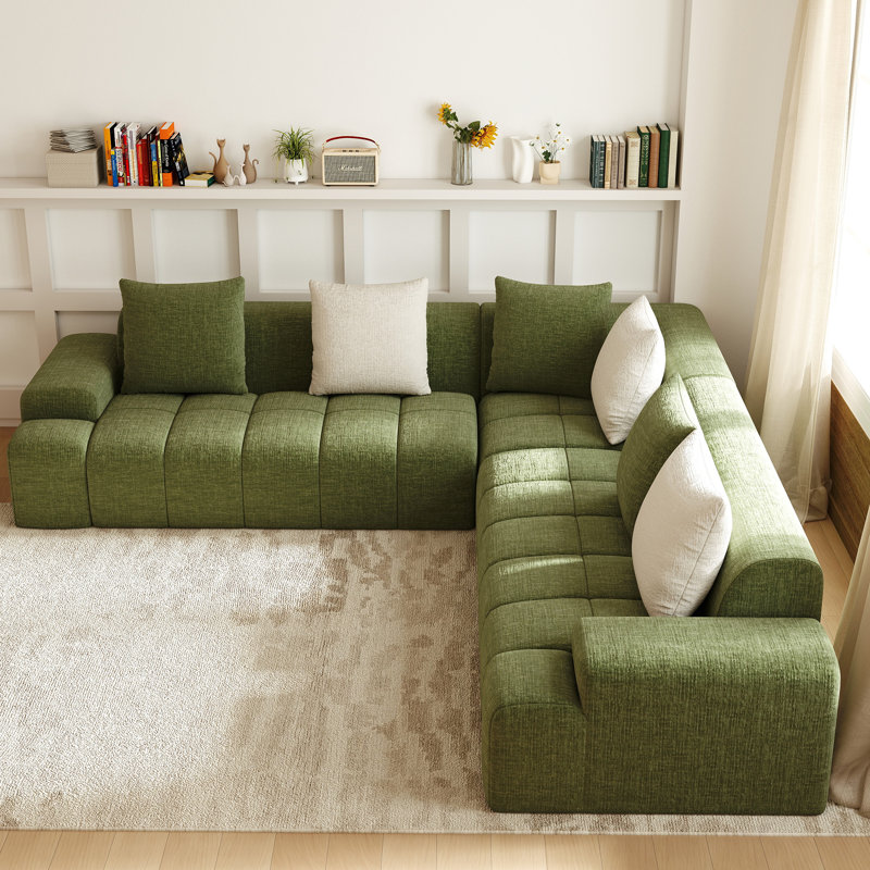 108" Compression Chenille Frameless L-Shaped 3-Piece Cloudy Upholstered Corner Sectional with 6 Throw Pillows,No Assembly Required