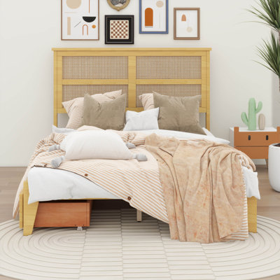 Wood Bed Frame With Rattan Headboard, 2 Storage Drawers