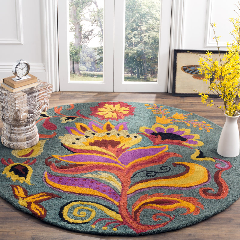 Jahiem Hand-Hooked Wool Dark Green Teal Area Rug, Round 6'