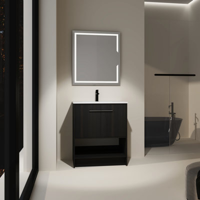 Meuble-lavabo de salle de bain 30 po avec lavabo en céramique. Autoportant, 2 portes. Contreplaqué de chêne noir. Mignon. Facile à installer. Meuble adorable. Unité de porte autoportante à fermeture en douceur. Décoration solide.