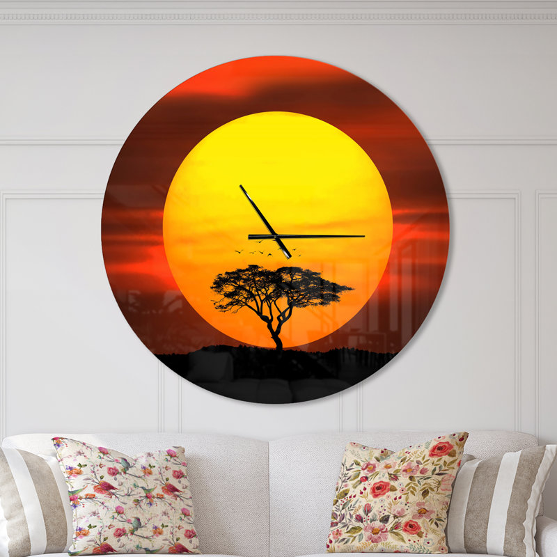 Arbre solitaire avec oiseaux au coucher du soleil - Horloge murale moderne, Surdimensionné