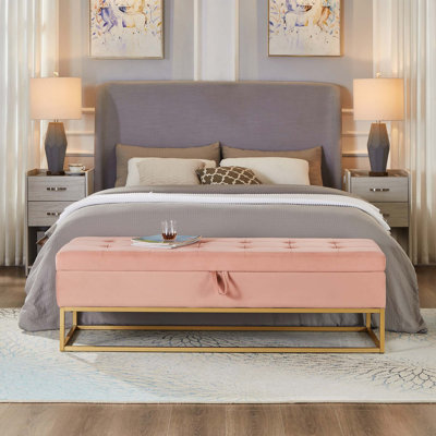 Banc de rangement rembourré en velours avec base en métal pour le salon de la chambre à coucher, design contemporain