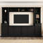 Meuble télé compatible avec téléviseur 75 pouces, noir, avec rangement polyvalent et tablettes réglables en hauteur, finition noire.
