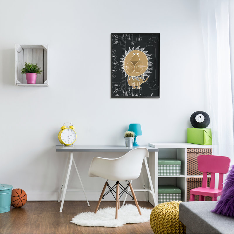 Lion pour enfants, art abstrait de griffonnage, H 20 po x l 16 po x P 1,5 po, Giclée encadrée noir minuit
