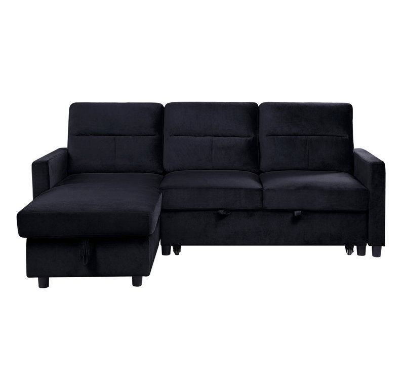 81.5"W Black Velvet Reversible Sleeper Sectional Sofa With Storage Chaise And Side Pocket, Black Velvet