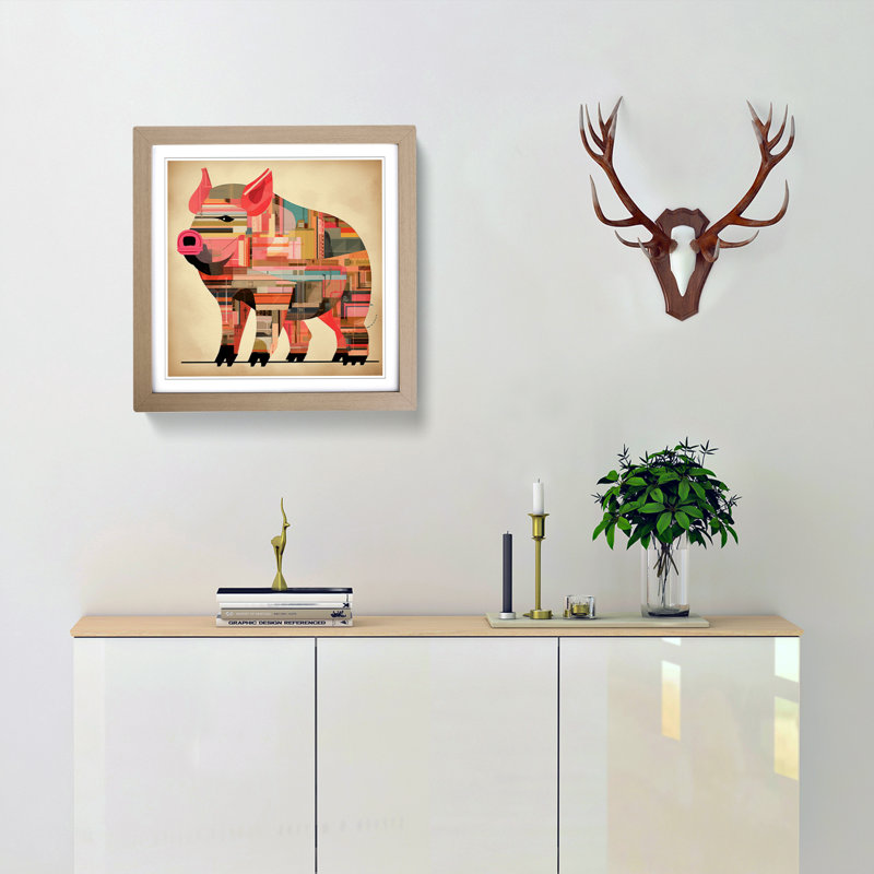 Pig Constructivism - Single Picture Frame Print on Wood, Oak