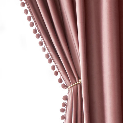 Rideaux en velours à pompon rose sec pour chambre à coucher / salon obscurcissant isolant thermique de 84 pouces de long avec passe-tringle pour chambre de fille / chambre de bébé / ensemble de cinéma maison