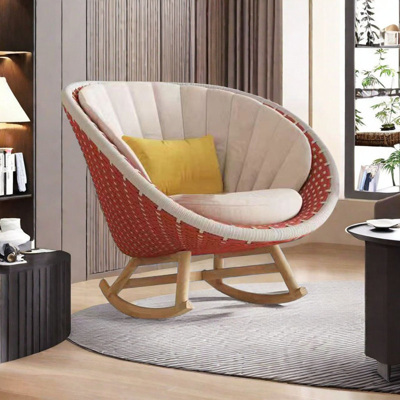 Chaise berçante confortable en rotin, Blanc / rouge
